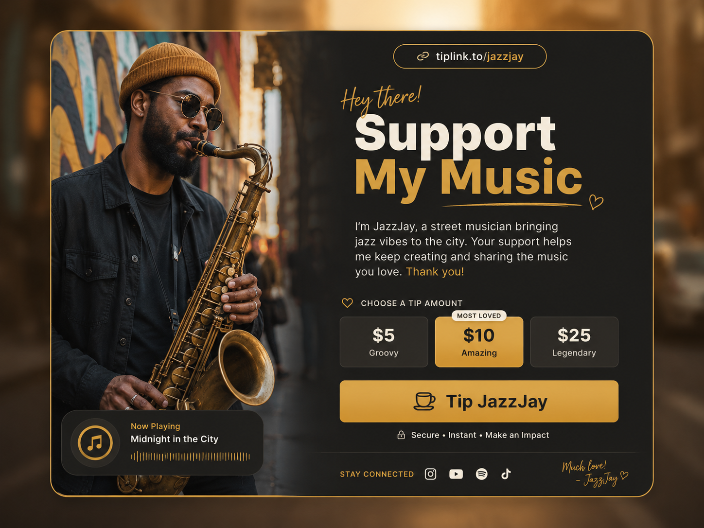 Jazz musician TipLink page preview with support buttons for fans to tip a street saxophone player