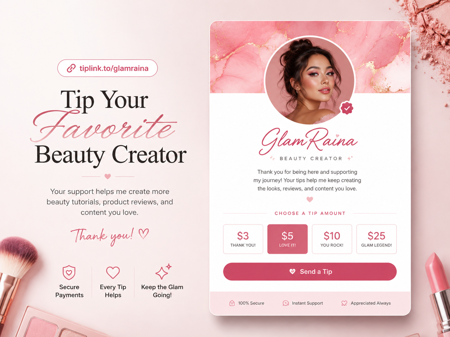 Beauty creator TipLink page preview with pink tip buttons for fans supporting makeup content