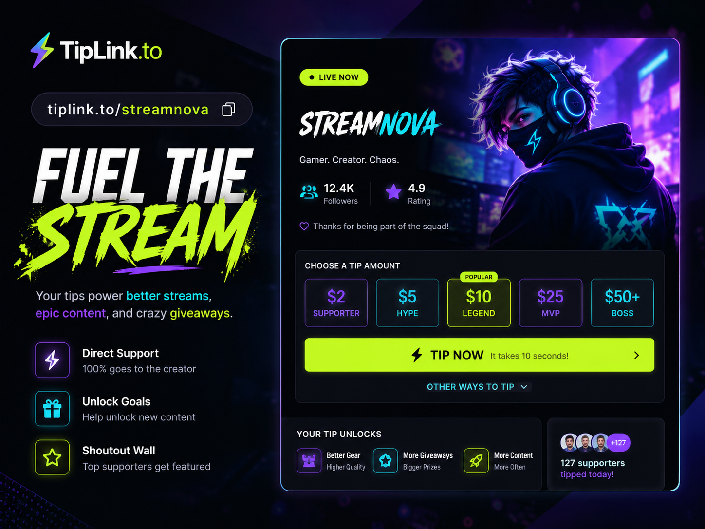 Gamer livestream TipLink page preview with neon tip buttons and creator support options